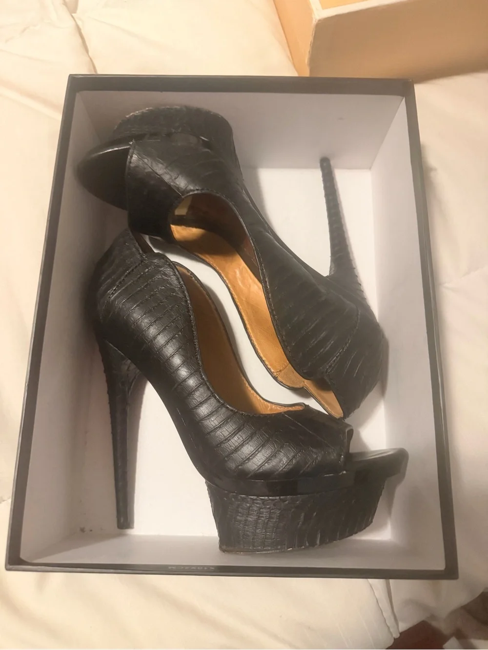 L.A.M.B. Black Textured Peep-Toe Platform Pumps